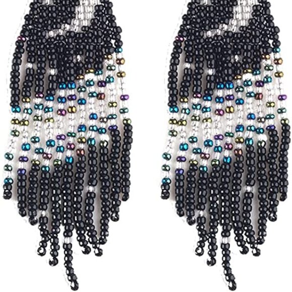 Black Crescent Moon Night Long 4" Earrings Handmade Beaded Oversized Bohemian - Picture 4 of 4